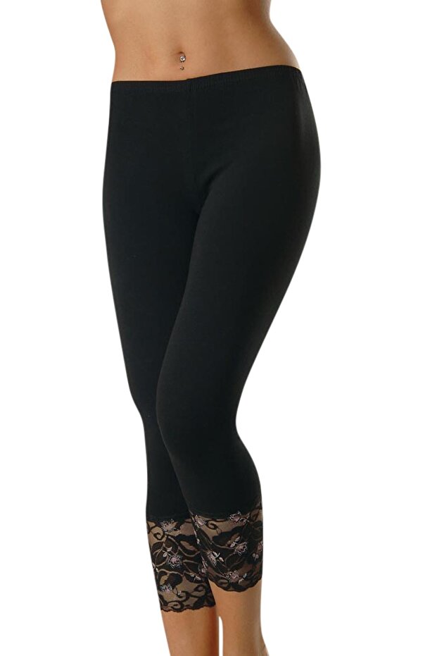 Women's Black Capri Leggings with Lace Detail