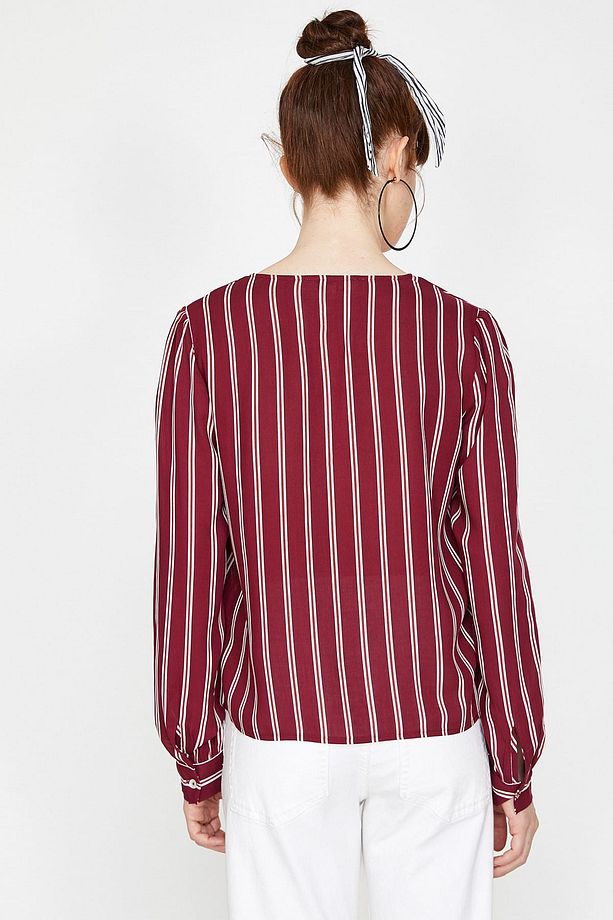 Kadın Bordo Çizgili Bluz 9YAL68182IW - 4
