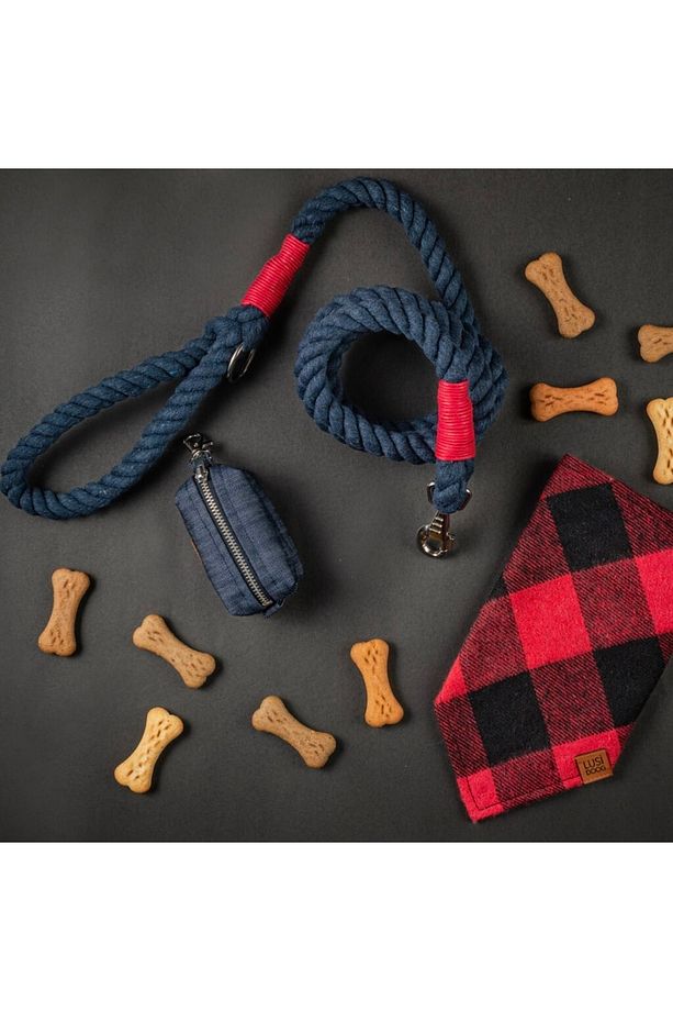 Lacivert Köpek Gezdirme Tasması (KIRMIZI DETAYLI) Köpek Gezdirme Kayışı Doğal Pamuk Halat Ip - 4