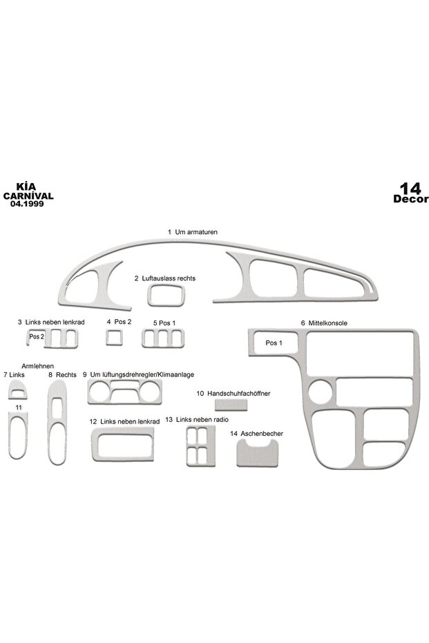 Meriç ® Kia Carnival Front Glove Box Trim Aluminum 14 Pieces 1999-2006
