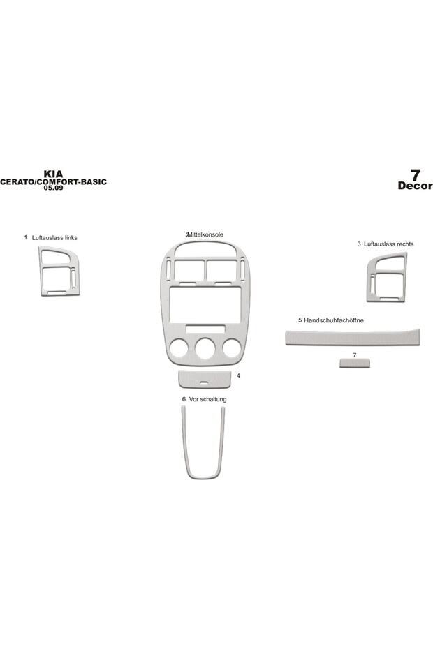 Meric® Kia Cerato Sedan Front Torpedo Trim Aluminum 7 Parts 2007-'