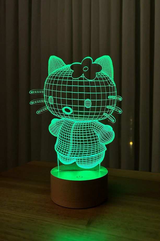 Hello Kitty Figürlü Led Gece Lambası | 7 Işık Rengi | Ahşap Taban - 6