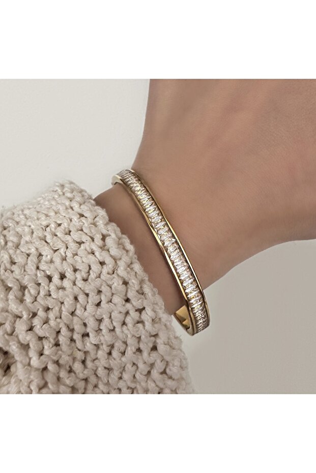 Steel Baguette Stone Handcuff Bracelet
