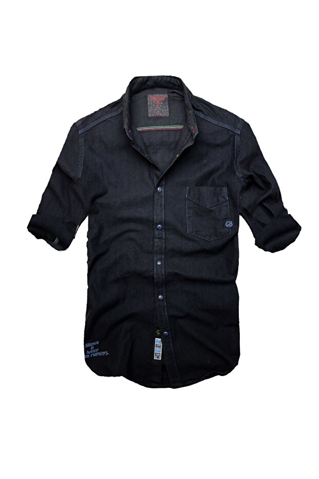 Slim Fit Pure Cotton Denim Fabric Jeans Shirt--dark navy blue---