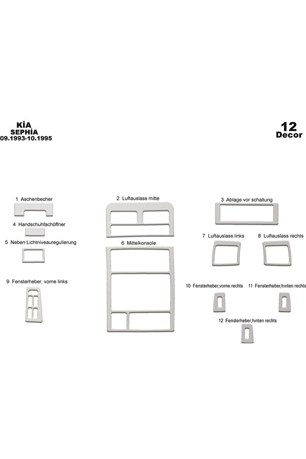 Meric® Kia Sephia Front Torpedo Trim Aluminum 12 Parts 1993-1995