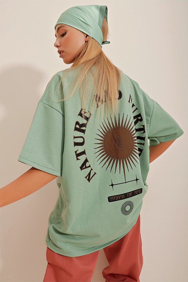 Women's Green Crew Neck Printed Oversize Unisex T-Shirt ALC-X9577