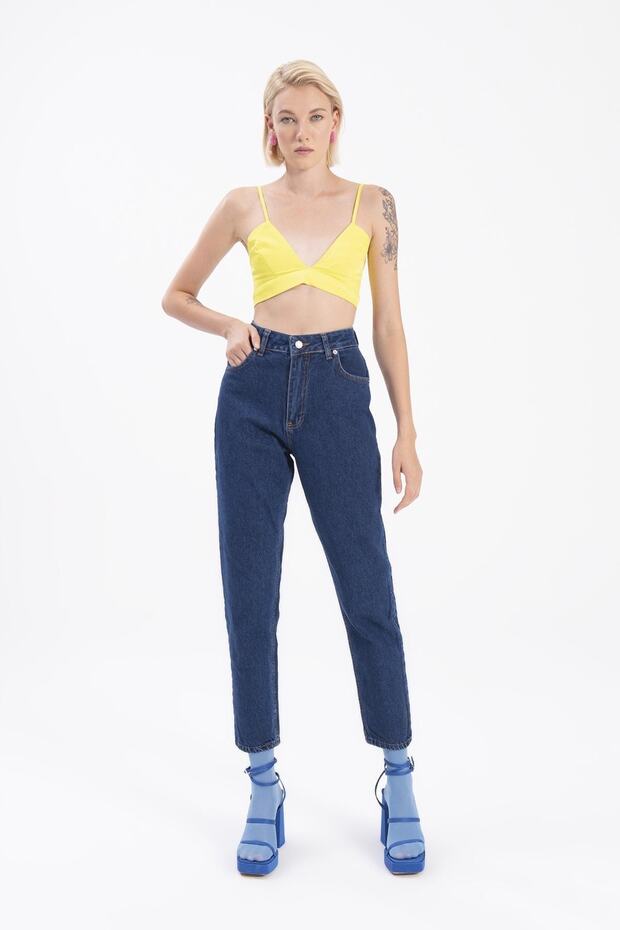 Serenity Dark Blue Mom Jeans Lycra High Waist Blue Snow Washed Mom Jeans