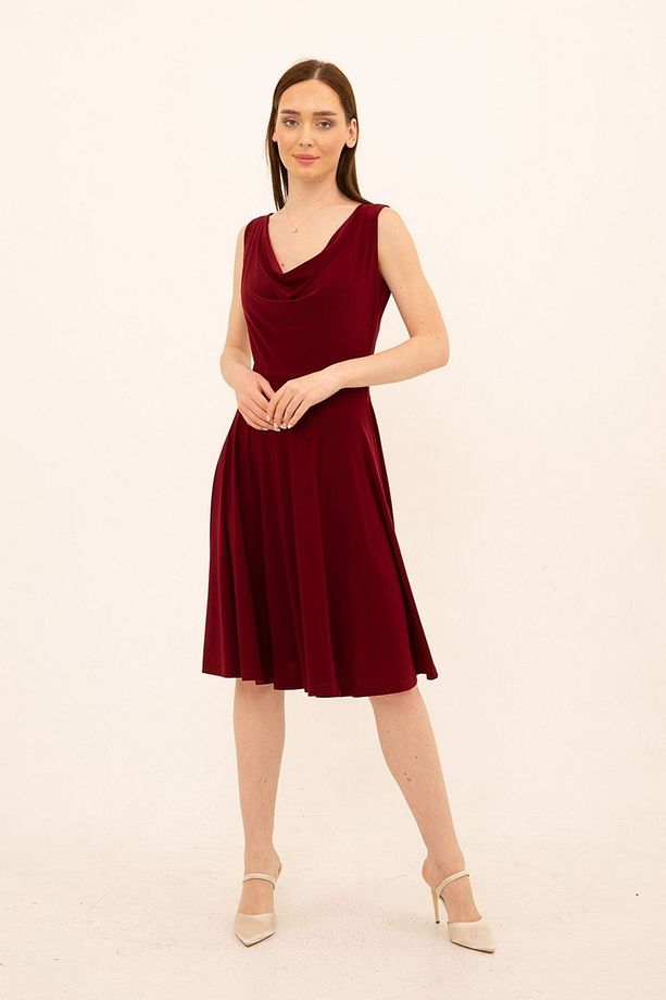 Bordo Degaje Yaka Kloş Elbise - 4