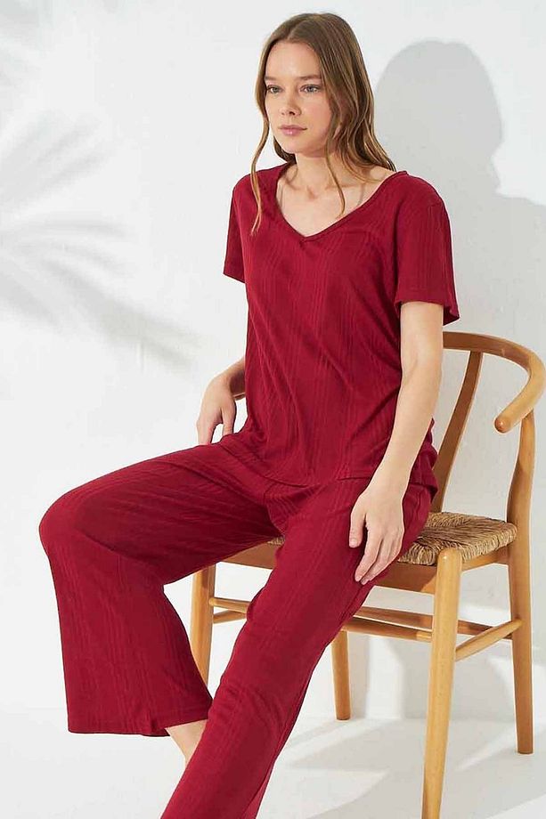 Bordo Soft Touch Ince Örme Pijama Takım - 1