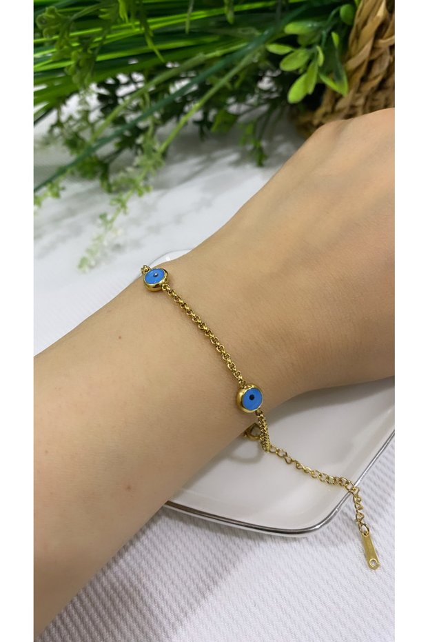 Gold / Gold Color Evil Eye Bead Detailed Steel Bracelet