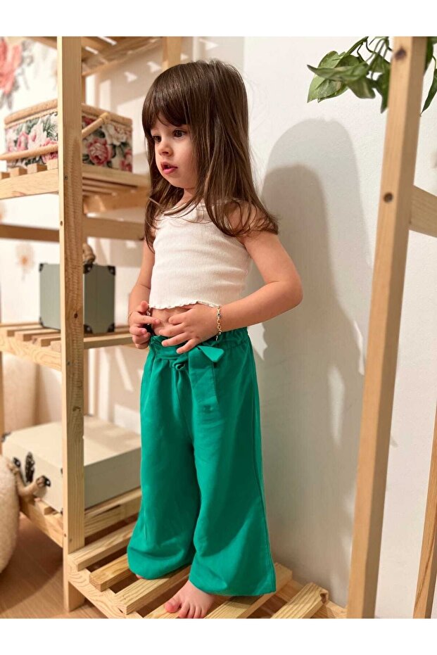 Girl's Wide Leg Linen Trousers with Ruffled Waist Elastic