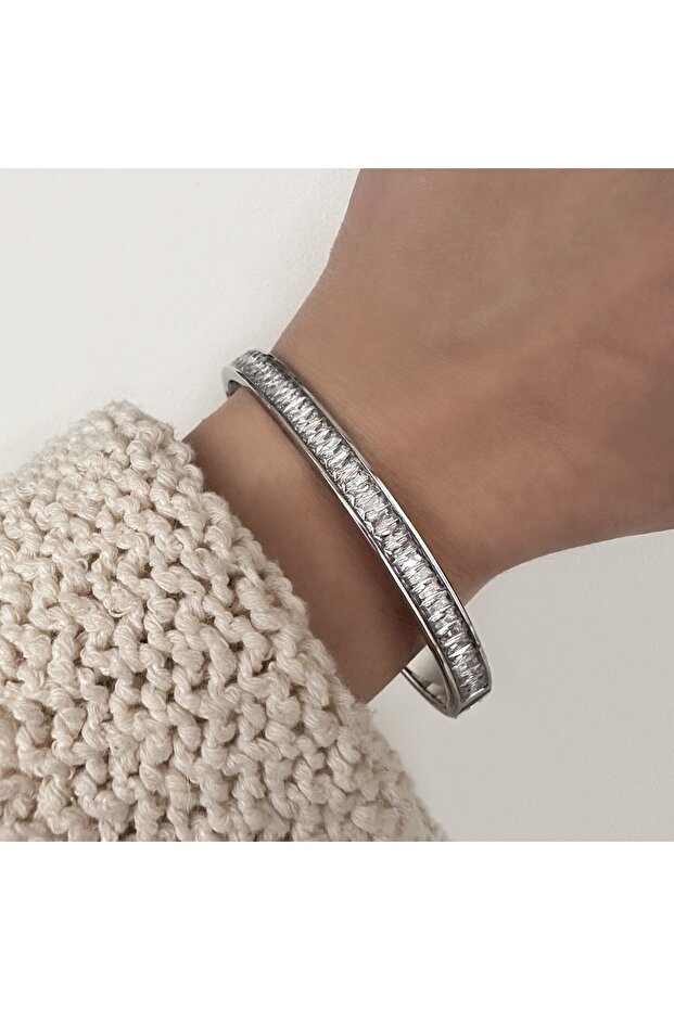 Steel Baguette Stone Handcuff Bracelet
