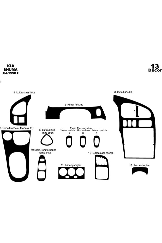 Meric® Kia Shuma Front Torpedo Covering Glossy Black 13 Pieces 1998-2006