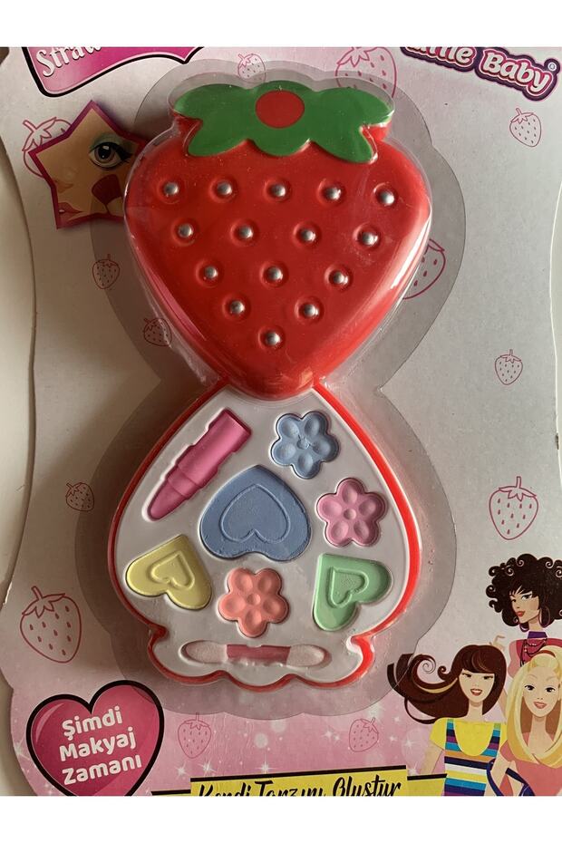 Çilekli Kutuda Oyuncak Far Paleti Makyaj Seti, Fırçalı Ve Rujlu Makyaj Seti, Sürülebilir Far Paleti - 3