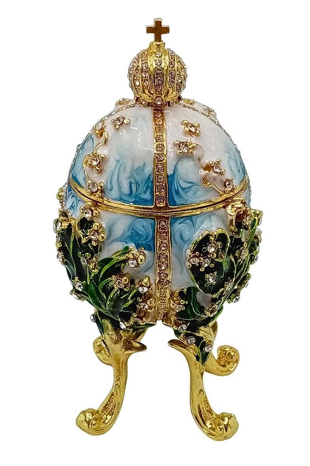 Faberge Yumurta Taşlı Lüks Mücevher Kutusu Mavi Yeşil 12cm Hediyeli - 6