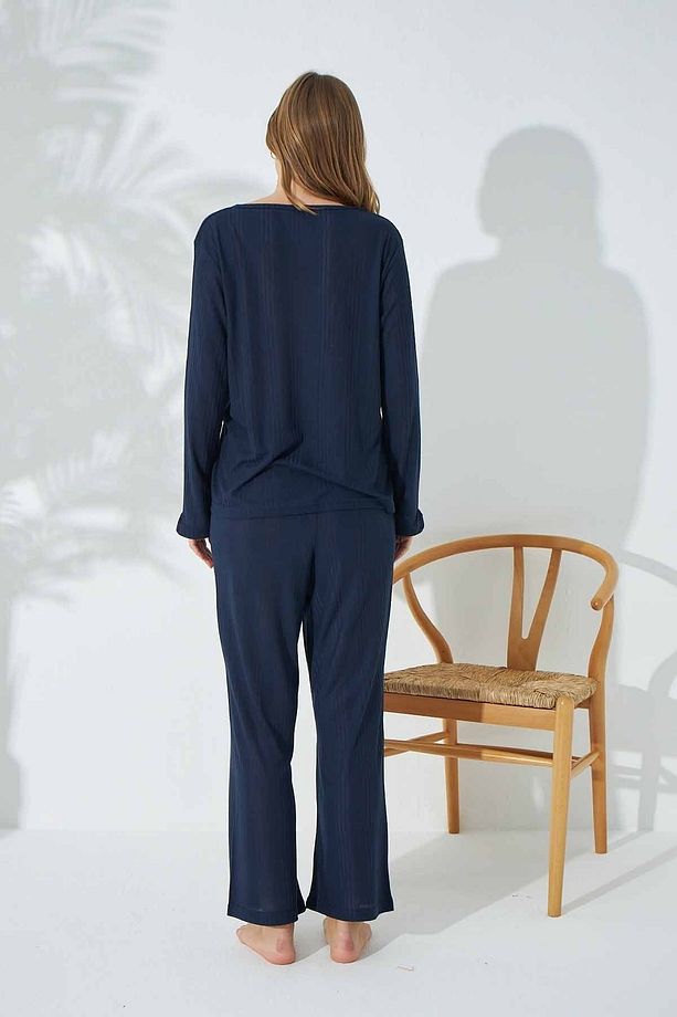 Lacivert Soft Touch Ince Örme Pijama Takım - 3