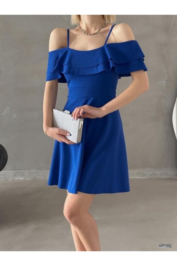 Flexible Crepe Fabric Collar with Two Layers Flounce Strap Detail Blue Evening Dress Blue Graduation Dress 014