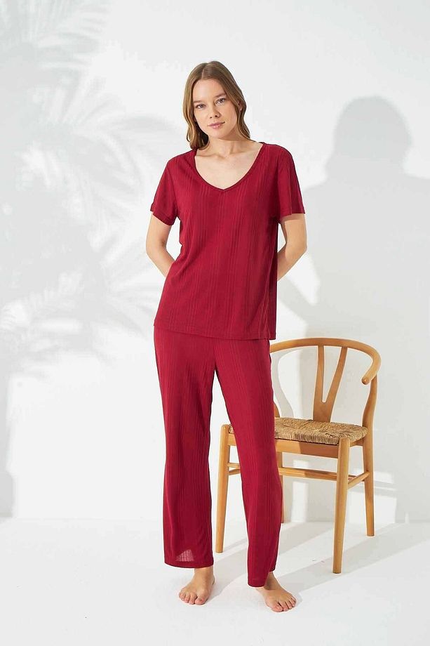 Bordo Soft Touch Ince Örme Pijama Takım - 2