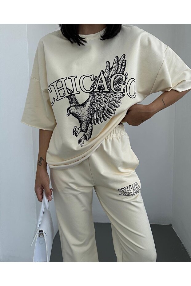 Large Size Eagle Printed Pocket Lettering Oversize Bottom Top Summer Suit