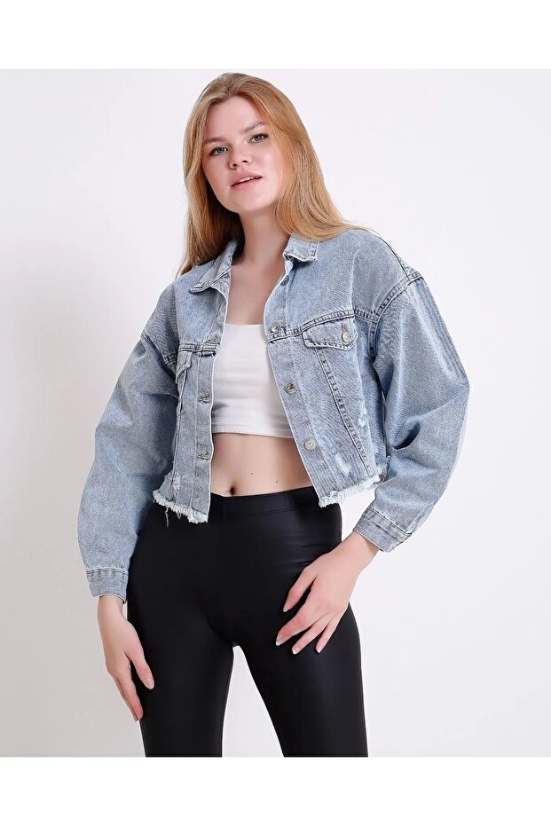 سترة جينز قصيرة بتفاصيل ممزقة - 1