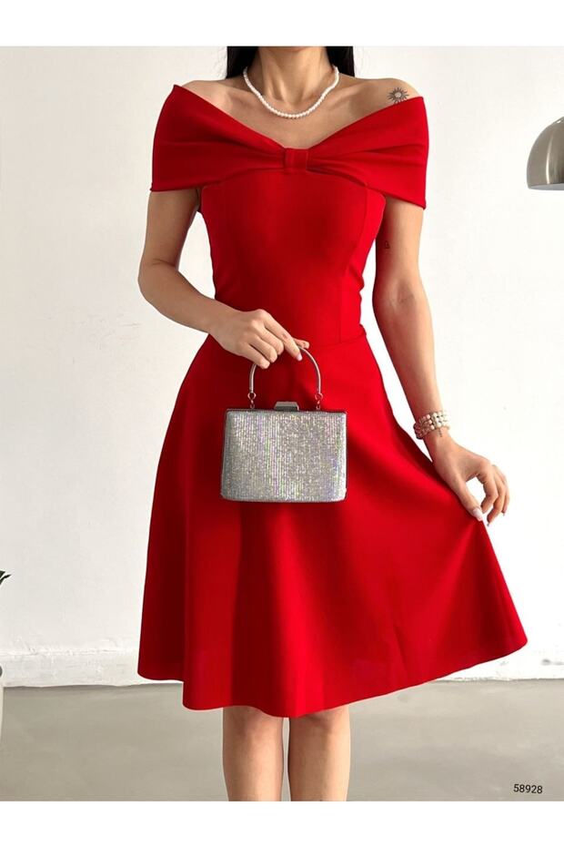 Lycra Fabric Madonna Collar Midi Length Off-The-Shoulder Flared Midi Dress Evening Dress 58928 671