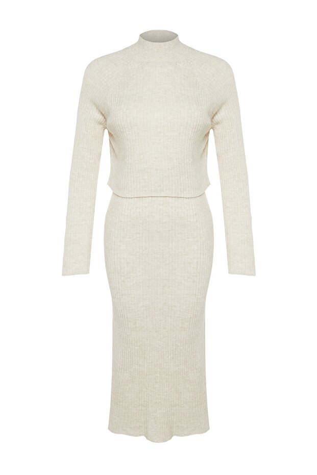 Beżowy dzianinowy krótki top i ołówkowa spódnica - Twoaw23Au00170 - 5