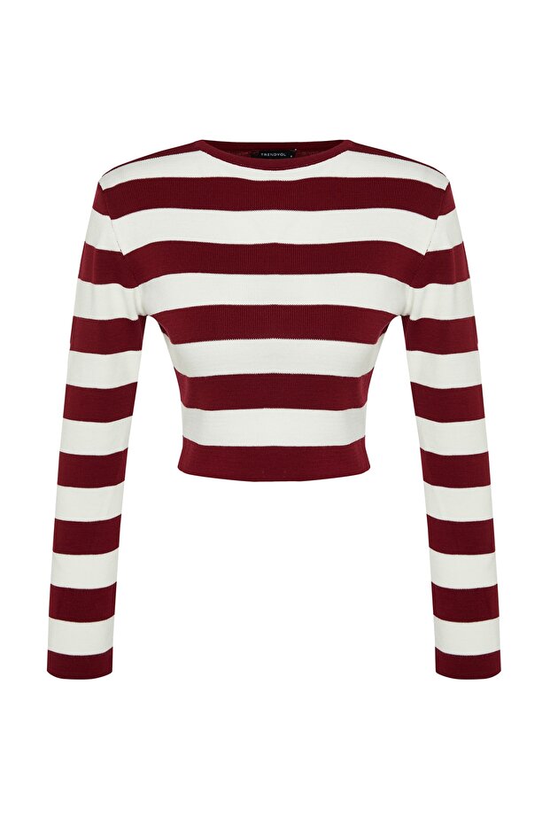 Bordo Crop Basic Çizgili Triko Kazak TWOAW23KZ00034 - 6