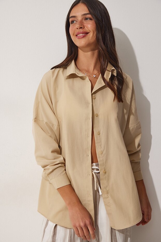 Happiness İstanbul Kadın Koyu Krem Oversize Uzun Basic Gömlek DD00842