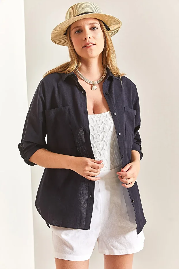 Kadın Çift Cepli Oversize Keten Gömlek - 5