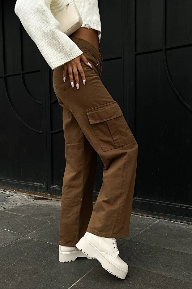 Fiona Brown Cargo Loose Lycra Super High Waist Jean Pants Without Back Pockets