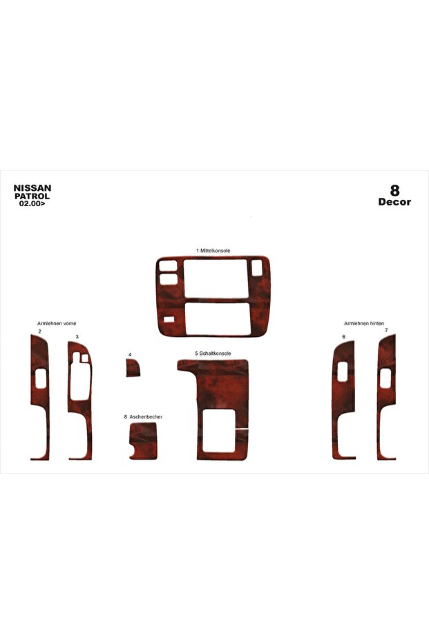 Meriç ® Nissan Patrol Front Glove Box Trim Mahogany 8 Pieces 2000-2004