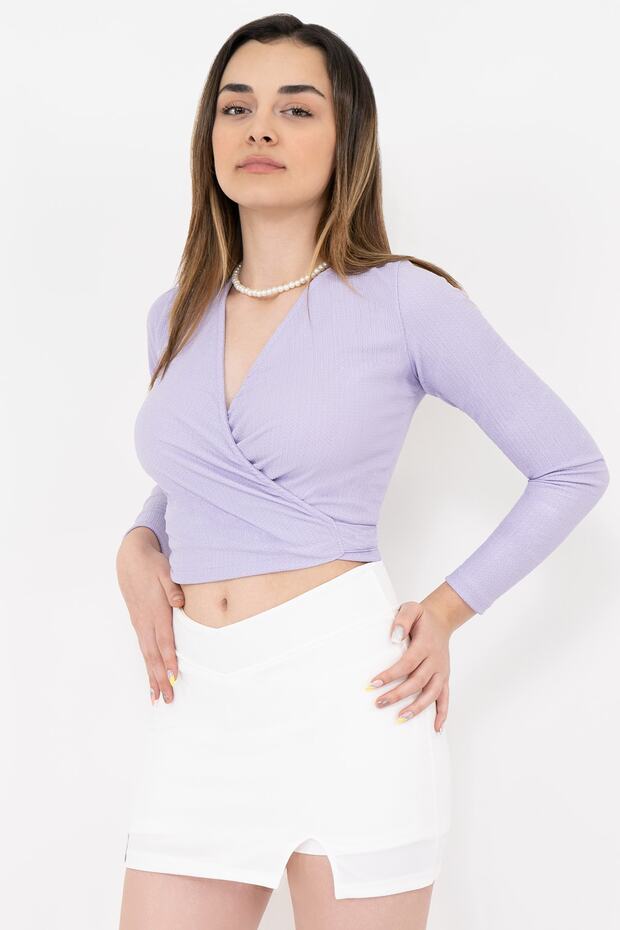 Women's Lilac Double Breasted Long Sleeve Tied Crop Top Blouse