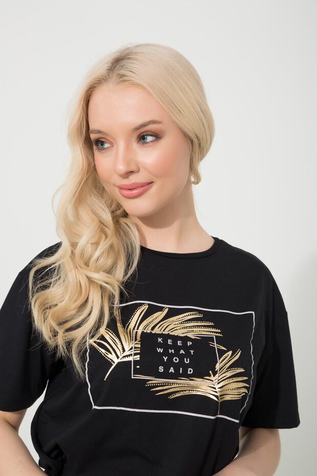 Baskılı Basic Bisiklet Yaka Örme T-shirt - 4