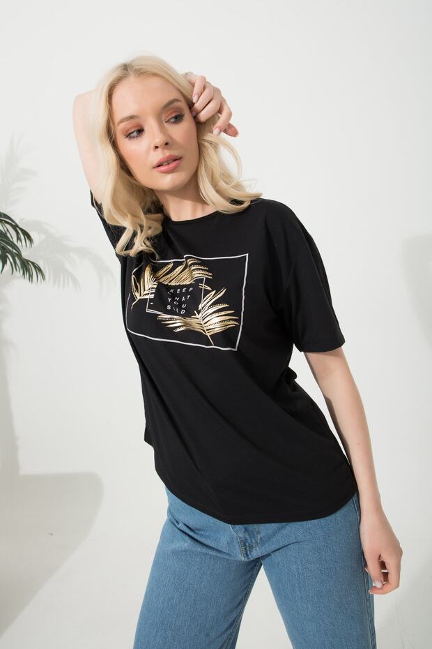 Baskılı Basic Bisiklet Yaka Örme T-shirt - 5