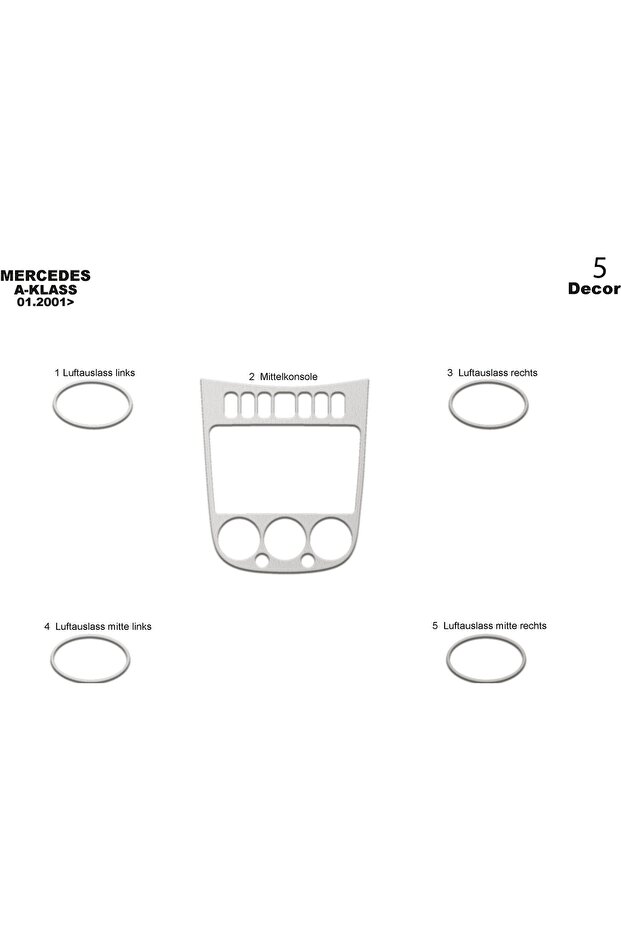 Meric® Mercedes A Series Front Torpedo Trim Aluminum 5 Parts 2001-2004