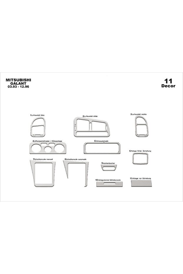 Meric® Mitsubishi Galant Front Torpedo Trim Aluminum 11 Parts 1993-1996