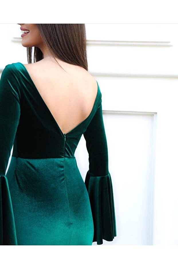 Ispanyol Kol Kadife Uzun Elbise - 2