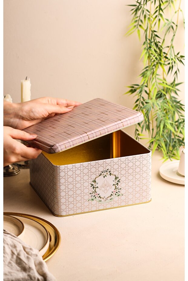 Er028-u7 Rosy Patterned Square Metal Storage Container 20x20 Cm