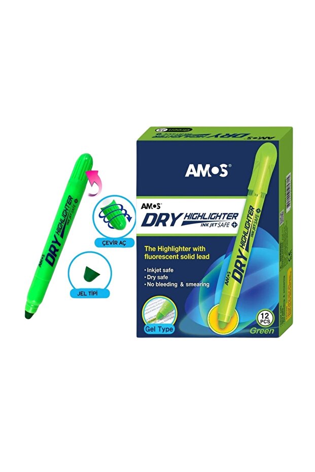 Dry Twist-Open Gel Highlighter Pen, Green, 12-Pack