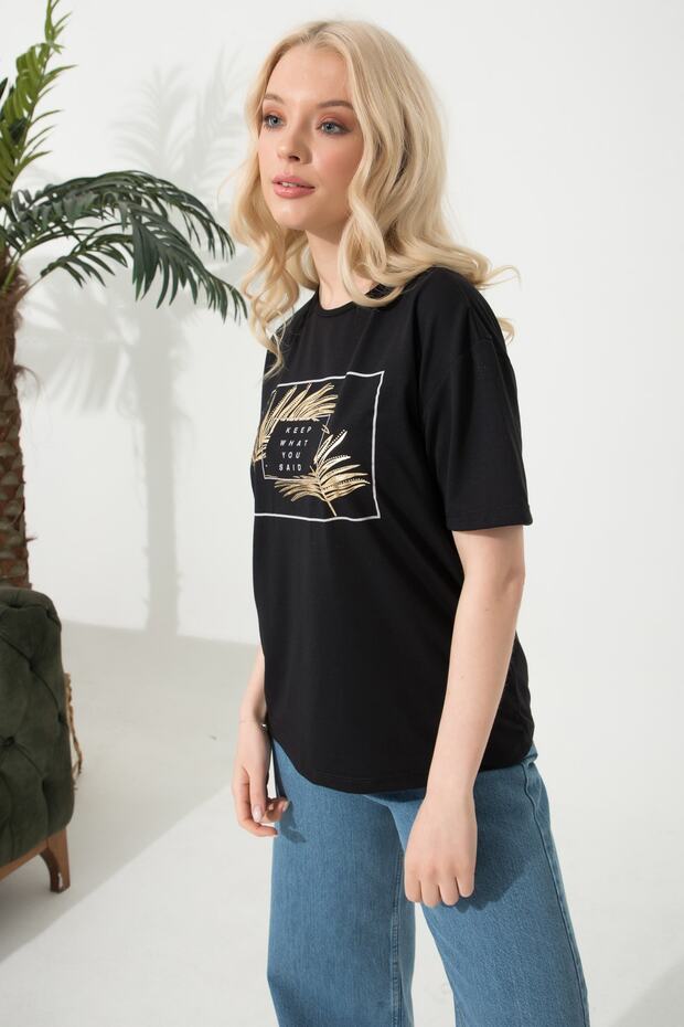 Baskılı Basic Bisiklet Yaka Örme T-shirt - 6