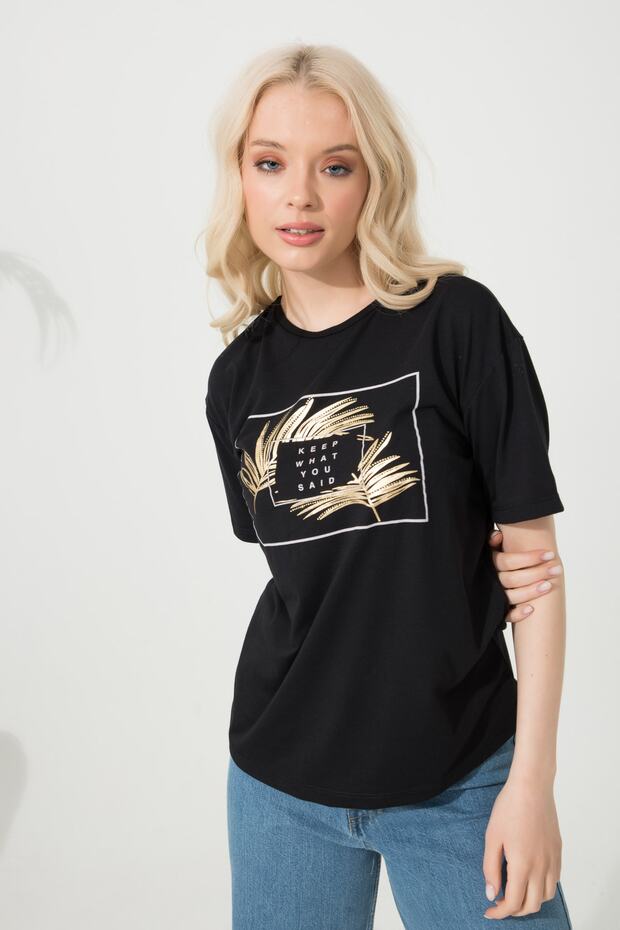 Baskılı Basic Bisiklet Yaka Örme T-shirt - 8