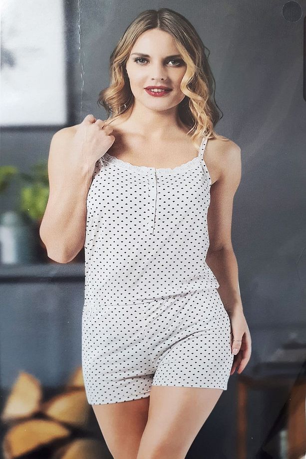 Kadın Kalpli Ip Askılı Şortlu Tulum Pijama Viskon Tek Parça Esnek - 1