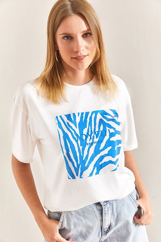 Women's Blue Patterned Combed Cotton Tshirt 40861013