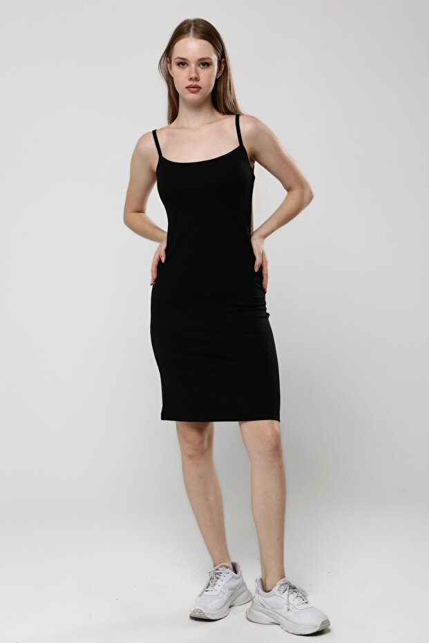 Siyah Ip Askılı Örme Elbise - 1