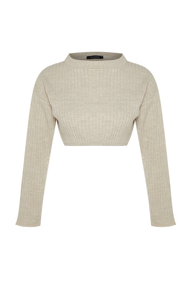 Steinfarbener Super Crop Basic Strickpullover TWOAW23KZ01068 - 6