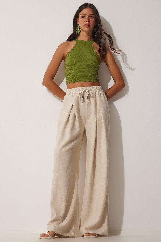 Women's Cream Raw Linen Loose Palazzo Trousers NS00388