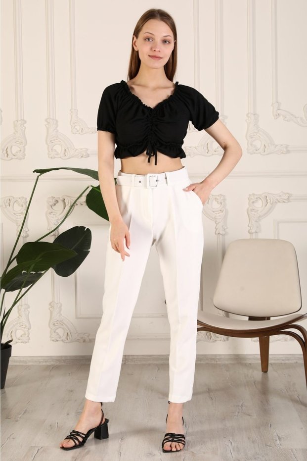 Women's White Fabric Trousers, High Waist, Belt, Waist Pleated, Carrot Model