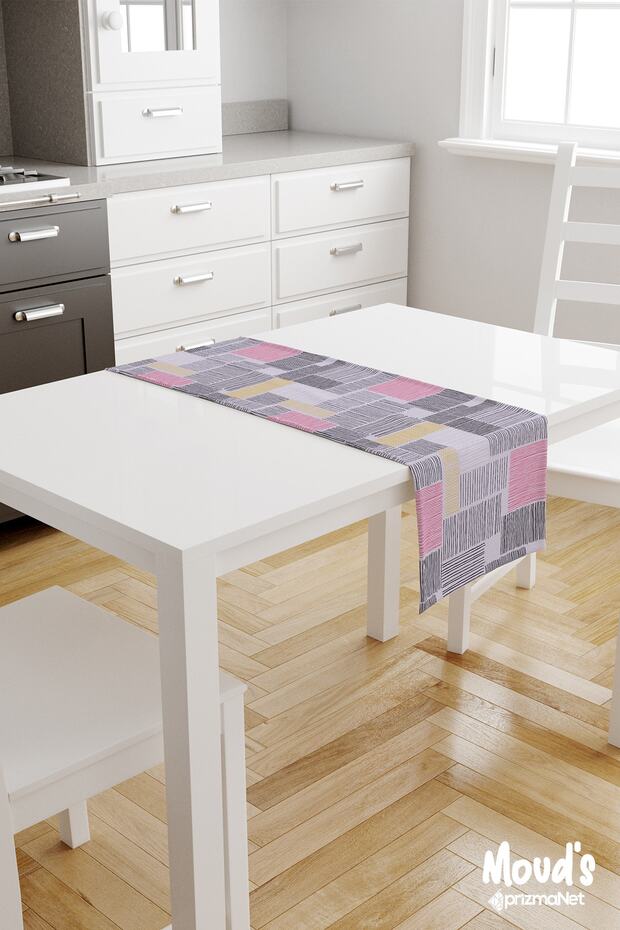 Lilac Striped Patterned Printed Suede Runner Tablecloth - 2