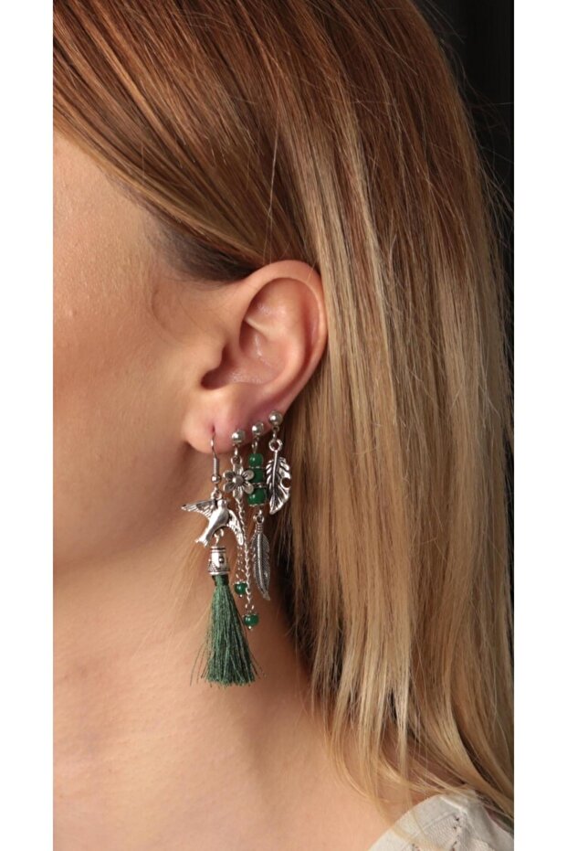 Set of 4 Tasseled Leaf and Bird Figured Silver Color Authentic Earrings