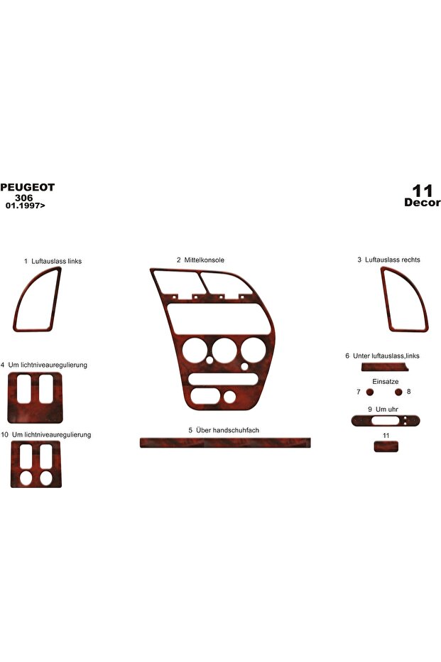 Meric® Peugeot 306 Front Torpedo Inlay Mahogany 11 Parts 1997-2003